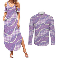 Purple Hawaii Palaka Honohono Pikake Couples Matching Summer Maxi Dress and Long Sleeve Button Shirt Hawaiian Orchid Lei Polynesian Pattern - Polynesian Pride