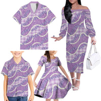 Purple Hawaii Palaka Honohono Pikake Family Matching Off The Shoulder Long Sleeve Dress and Hawaiian Shirt Hawaiian Orchid Lei Polynesian Pattern LT14 - Polynesian Pride