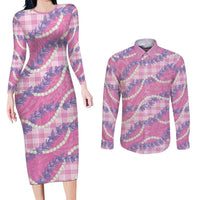 Pink Hawaii Palaka Honohono Pikake Couples Matching Long Sleeve Bodycon Dress and Long Sleeve Button Shirt Hawaiian Orchid Lei Polynesian Pattern LT14 Pink - Polynesian Pride