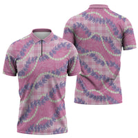 Pink Hawaii Palaka Honohono Pikake Zipper Polo Shirt Hawaiian Orchid Lei Polynesian Pattern - Polynesian Pride