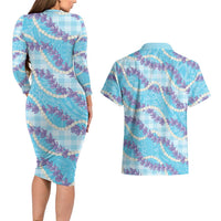Blue Hawaii Palaka Honohono Pikake Couples Matching Long Sleeve Bodycon Dress and Hawaiian Shirt Hawaiian Orchid Lei Polynesian Pattern LT14 - Polynesian Pride