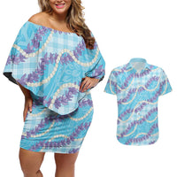 Blue Hawaii Palaka Honohono Pikake Couples Matching Off Shoulder Short Dress and Hawaiian Shirt Hawaiian Orchid Lei Polynesian Pattern - Polynesian Pride