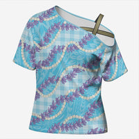 Blue Hawaii Palaka Honohono Pikake Cross Shoulder Shirt Hawaiian Orchid Lei Polynesian Pattern - Polynesian Pride