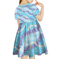 Blue Hawaii Palaka Honohono Pikake Kid Short Sleeve Dress Hawaiian Orchid Lei Polynesian Pattern - Polynesian Pride