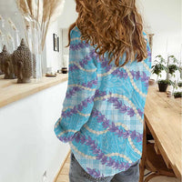 Blue Hawaii Palaka Honohono Pikake Women Casual Shirt Hawaiian Orchid Lei Polynesian Pattern - Polynesian Pride