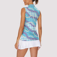 Blue Hawaii Palaka Honohono Pikake Women Sleeveless Polo Shirt Hawaiian Orchid Lei Polynesian Pattern - Polynesian Pride