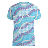 Blue Hawaii Palaka Honohono Pikake Women V-Neck T-Shirt Hawaiian Orchid Lei Polynesian Pattern - Polynesian Pride
