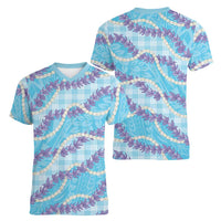 Blue Hawaii Palaka Honohono Pikake Women V-Neck T-Shirt Hawaiian Orchid Lei Polynesian Pattern - Polynesian Pride