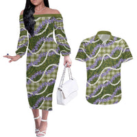 Green Hawaii Palaka Honohono Pikake Couples Matching Off The Shoulder Long Sleeve Dress and Hawaiian Shirt Hawaiian Orchid Lei Polynesian Pattern LT14 Green - Polynesian Pride