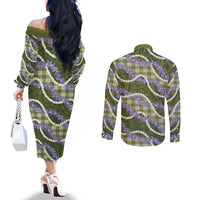 Green Hawaii Palaka Honohono Pikake Couples Matching Off The Shoulder Long Sleeve Dress and Long Sleeve Button Shirt Hawaiian Orchid Lei Polynesian Pattern LT14 - Polynesian Pride