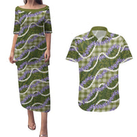 Green Hawaii Palaka Honohono Pikake Couples Matching Puletasi and Hawaiian Shirt Hawaiian Orchid Lei Polynesian Pattern - Polynesian Pride