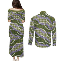 Green Hawaii Palaka Honohono Pikake Couples Matching Puletasi and Long Sleeve Button Shirt Hawaiian Orchid Lei Polynesian Pattern - Polynesian Pride