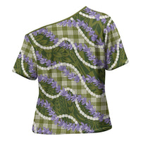 Green Hawaii Palaka Honohono Pikake Cross Shoulder Shirt Hawaiian Orchid Lei Polynesian Pattern - Polynesian Pride