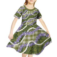 Green Hawaii Palaka Honohono Pikake Kid Short Sleeve Dress Hawaiian Orchid Lei Polynesian Pattern - Polynesian Pride