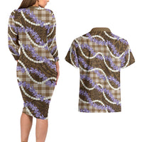 Brown Hawaii Palaka Honohono Pikake Couples Matching Long Sleeve Bodycon Dress and Hawaiian Shirt Hawaiian Orchid Lei Polynesian Pattern LT14 - Polynesian Pride