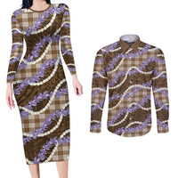 Brown Hawaii Palaka Honohono Pikake Couples Matching Long Sleeve Bodycon Dress and Long Sleeve Button Shirt Hawaiian Orchid Lei Polynesian Pattern LT14 Brown - Polynesian Pride