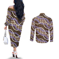 Brown Hawaii Palaka Honohono Pikake Couples Matching Off The Shoulder Long Sleeve Dress and Long Sleeve Button Shirt Hawaiian Orchid Lei Polynesian Pattern LT14 - Polynesian Pride