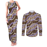 Brown Hawaii Palaka Honohono Pikake Couples Matching Tank Maxi Dress and Long Sleeve Button Shirt Hawaiian Orchid Lei Polynesian Pattern - Polynesian Pride