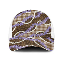 Brown Hawaii Palaka Honohono Pikake Mesh Trucker Cap Hawaiian Orchid Lei Polynesian Pattern - Polynesian Pride