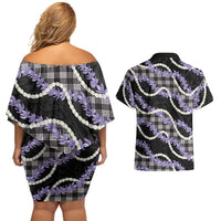 Black Hawaii Palaka Honohono Pikake Couples Matching Off Shoulder Short Dress and Hawaiian Shirt Hawaiian Orchid Lei Polynesian Pattern - Polynesian Pride