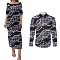 Black Hawaii Palaka Honohono Pikake Couples Matching Puletasi and Long Sleeve Button Shirt Hawaiian Orchid Lei Polynesian Pattern - Polynesian Pride