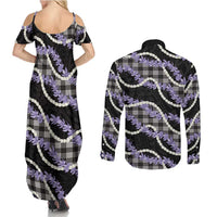 Black Hawaii Palaka Honohono Pikake Couples Matching Summer Maxi Dress and Long Sleeve Button Shirt Hawaiian Orchid Lei Polynesian Pattern - Polynesian Pride