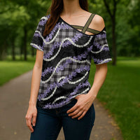 Black Hawaii Palaka Honohono Pikake Cross Shoulder Shirt Hawaiian Orchid Lei Polynesian Pattern - Polynesian Pride