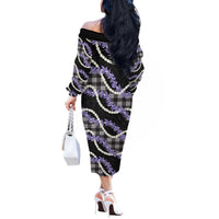 Black Hawaii Palaka Honohono Pikake Off The Shoulder Long Sleeve Dress Hawaiian Orchid Lei Polynesian Pattern - Polynesian Pride