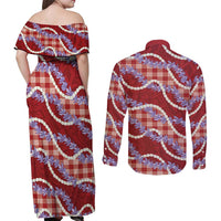 Red Hawaii Palaka Honohono Pikake Couples Matching Off Shoulder Maxi Dress and Long Sleeve Button Shirt Hawaiian Orchid Lei Polynesian Pattern - Polynesian Pride