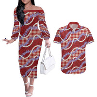 Red Hawaii Palaka Honohono Pikake Couples Matching Off The Shoulder Long Sleeve Dress and Hawaiian Shirt Hawaiian Orchid Lei Polynesian Pattern LT14 Red - Polynesian Pride
