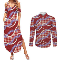 Red Hawaii Palaka Honohono Pikake Couples Matching Summer Maxi Dress and Long Sleeve Button Shirt Hawaiian Orchid Lei Polynesian Pattern - Polynesian Pride