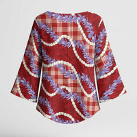 Red Hawaii Palaka Honohono Pikake Kimono Sleeve Blouse Hawaiian Orchid Lei Polynesian Pattern - Polynesian Pride