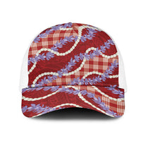 Red Hawaii Palaka Honohono Pikake Mesh Trucker Cap Hawaiian Orchid Lei Polynesian Pattern - Polynesian Pride