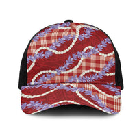 Red Hawaii Palaka Honohono Pikake Mesh Trucker Cap Hawaiian Orchid Lei Polynesian Pattern - Polynesian Pride