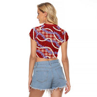 Red Hawaii Palaka Honohono Pikake Raglan Cropped T Shirt Hawaiian Orchid Lei Polynesian Pattern - Polynesian Pride