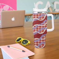 Red Hawaii Palaka Honohono Pikake Tumbler With Handle Hawaiian Orchid Lei Polynesian Pattern - Polynesian Pride