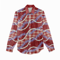 Red Hawaii Palaka Honohono Pikake Women Casual Shirt Hawaiian Orchid Lei Polynesian Pattern - Polynesian Pride