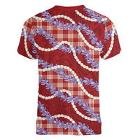 Red Hawaii Palaka Honohono Pikake Women V-Neck T-Shirt Hawaiian Orchid Lei Polynesian Pattern - Polynesian Pride
