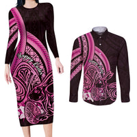 Pink Polynesia Easter Day Couples Matching Long Sleeve Bodycon Dress and Long Sleeve Button Shirt Eggs With Bunny Polynesian Pattern