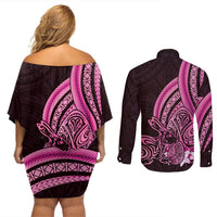 Pink Polynesia Easter Day Couples Matching Off Shoulder Short Dress and Long Sleeve Button Shirt Eggs With Bunny Polynesian Pattern