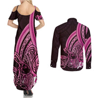 Pink Polynesia Easter Day Couples Matching Summer Maxi Dress and Long Sleeve Button Shirt Eggs With Bunny Polynesian Pattern