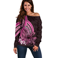 Pink Polynesia Easter Day Off Shoulder Sweater Eggs With Bunny Polynesian Pattern