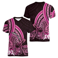 Pink Polynesia Easter Day Women V Neck T Shirt Eggs With Bunny Polynesian Pattern