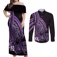 Purple Polynesia Easter Day Couples Matching Off Shoulder Maxi Dress and Long Sleeve Button Shirt Eggs With Bunny Polynesian Pattern
