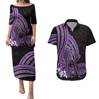 Purple Polynesia Easter Day Couples Matching Puletasi and Hawaiian Shirt Eggs With Bunny Polynesian Pattern