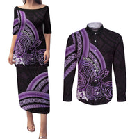 Purple Polynesia Easter Day Couples Matching Puletasi and Long Sleeve Button Shirt Eggs With Bunny Polynesian Pattern