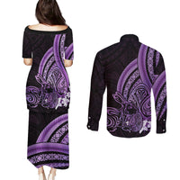 Purple Polynesia Easter Day Couples Matching Puletasi and Long Sleeve Button Shirt Eggs With Bunny Polynesian Pattern