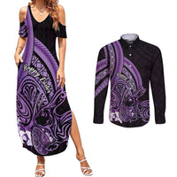Purple Polynesia Easter Day Couples Matching Summer Maxi Dress and Long Sleeve Button Shirt Eggs With Bunny Polynesian Pattern