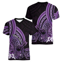Purple Polynesia Easter Day Women V Neck T Shirt Eggs With Bunny Polynesian Pattern