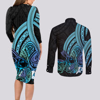 Turquoise Polynesia Easter Day Couples Matching Long Sleeve Bodycon Dress and Long Sleeve Button Shirt Eggs With Bunny Polynesian Pattern